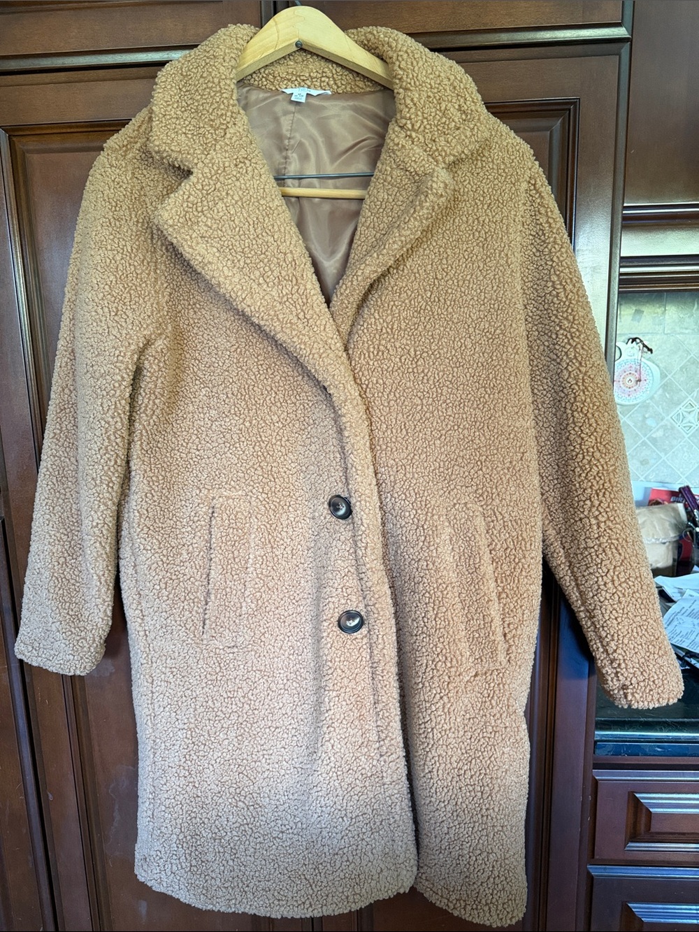 Time and Tru Camel Teddy Button-Front Coat